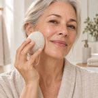 Person in a beige robe holding an off-white konjac facial sponge against their cheek.