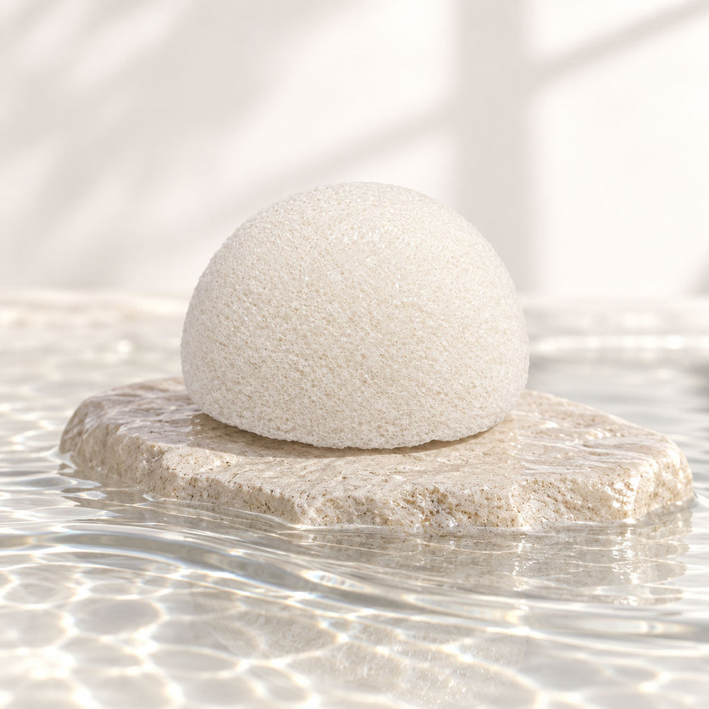 White konjac sponge resting on a flat textured stone in shallow, clear rippling water.