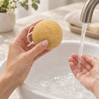 Hand holding a round yellow konjac sponge over a sink under running water from a faucet.