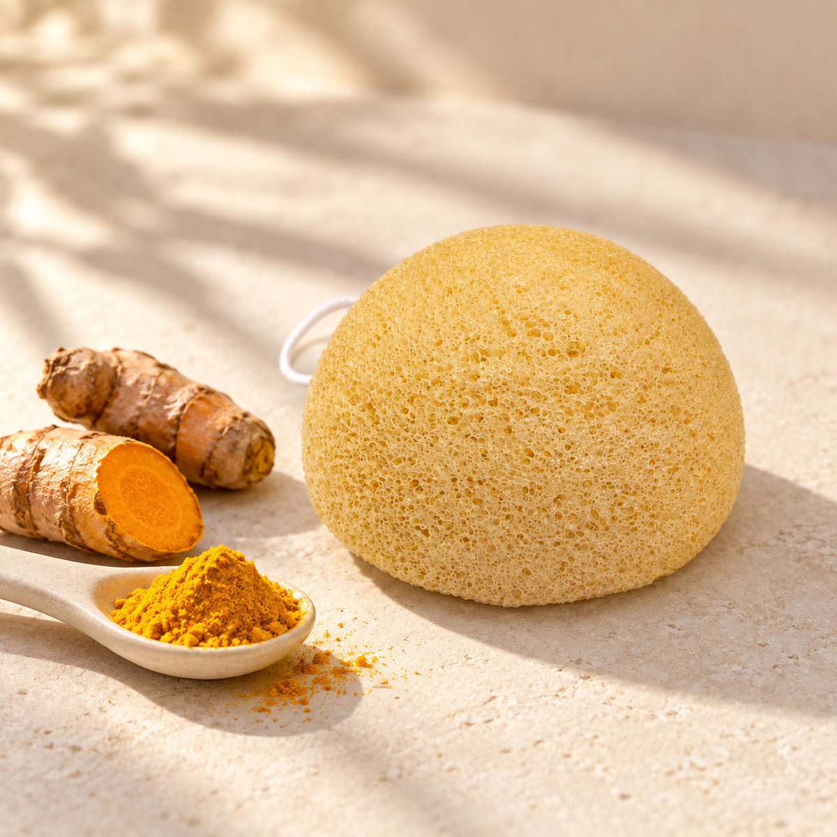 Yellow konjac sponge displayed next to fresh turmeric root and a spoonful of ground turmeric powder.