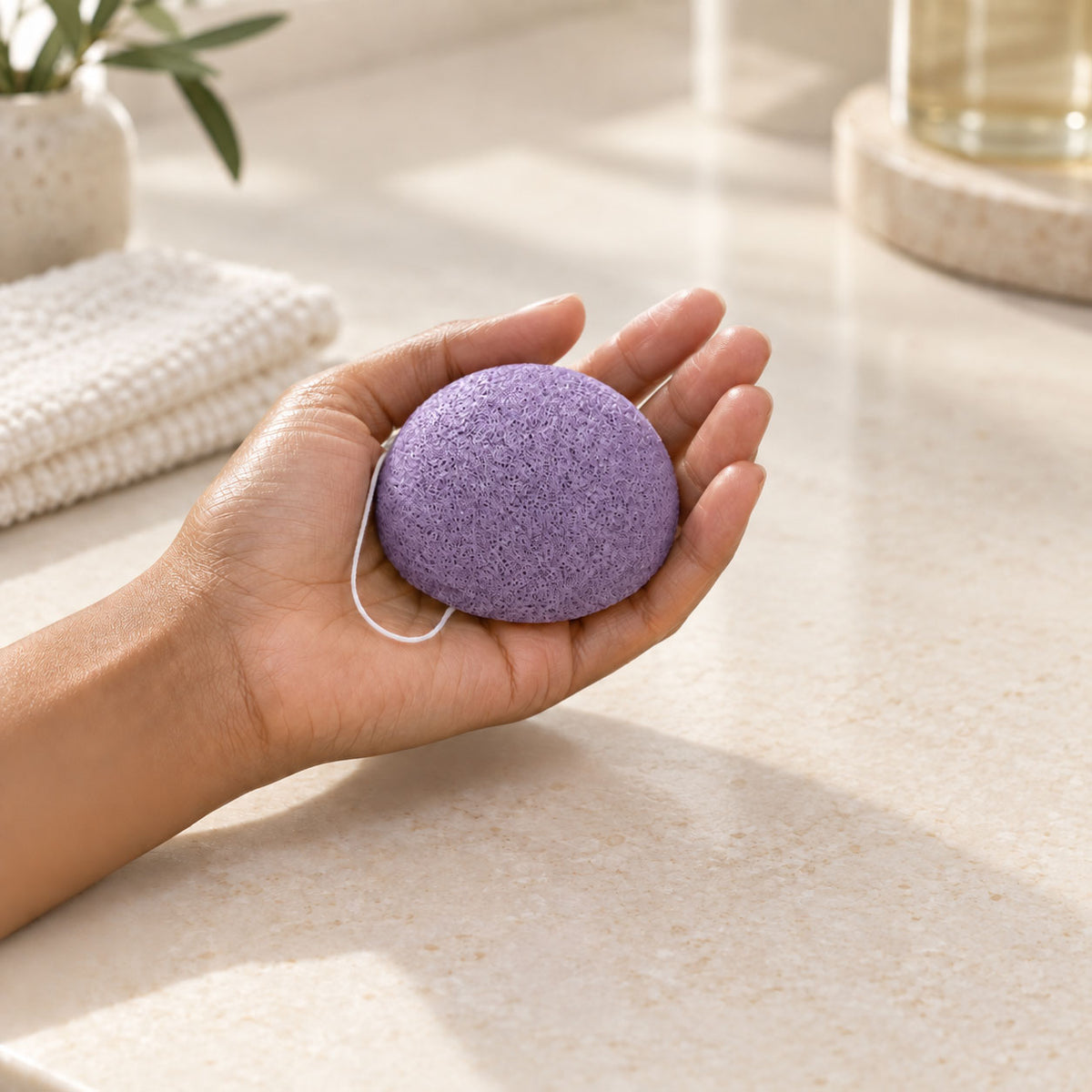 A person holds a purple textured konjac facial sponge in an open hand over a bathroom counter.