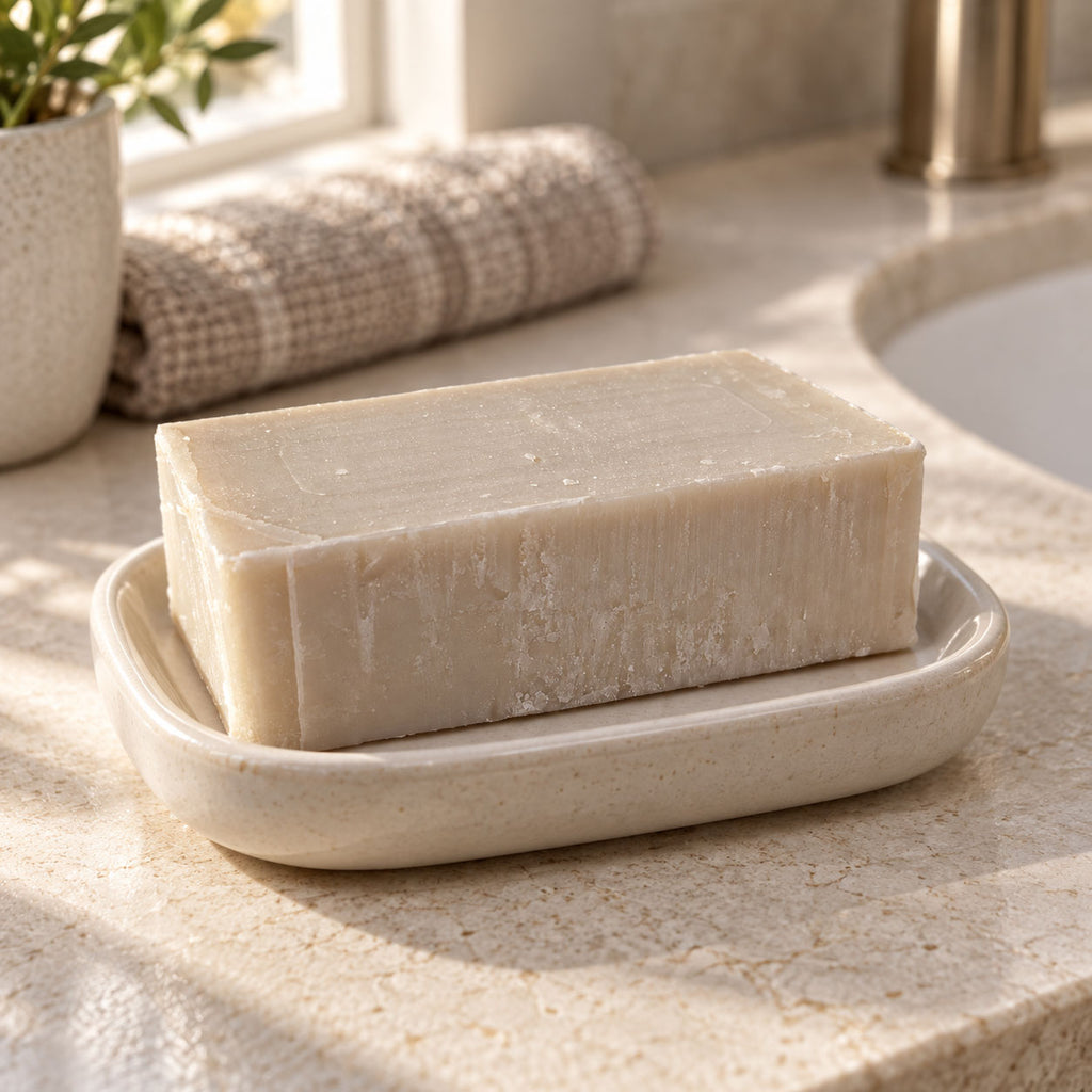 Rectangular beige soap bar resting in a speckled ceramic dish on a bathroom counter.