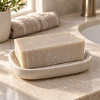 Rectangular beige soap bar resting in a speckled ceramic dish on a bathroom counter.