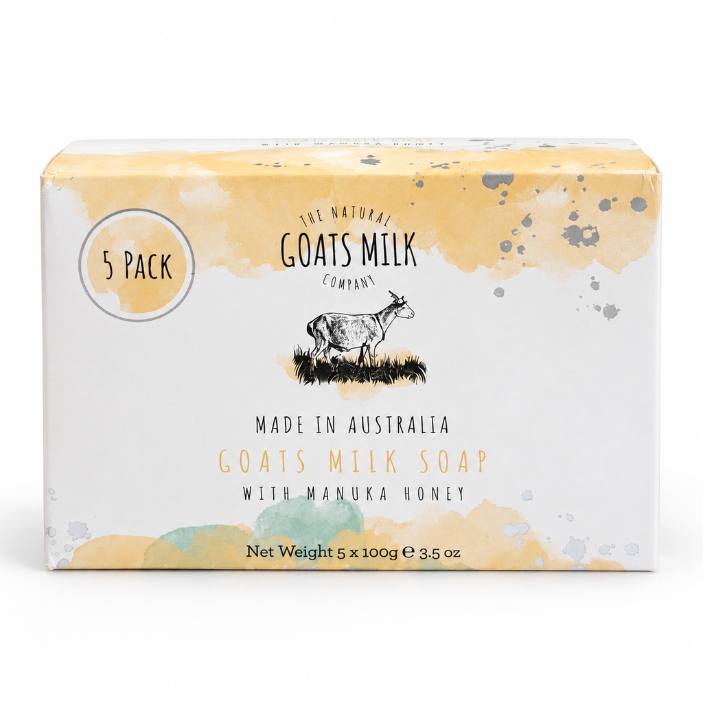 Front of The Natural Goats Milk Company Goats Milk Soap with Manuka Honey 5-pack box with goat illustration.