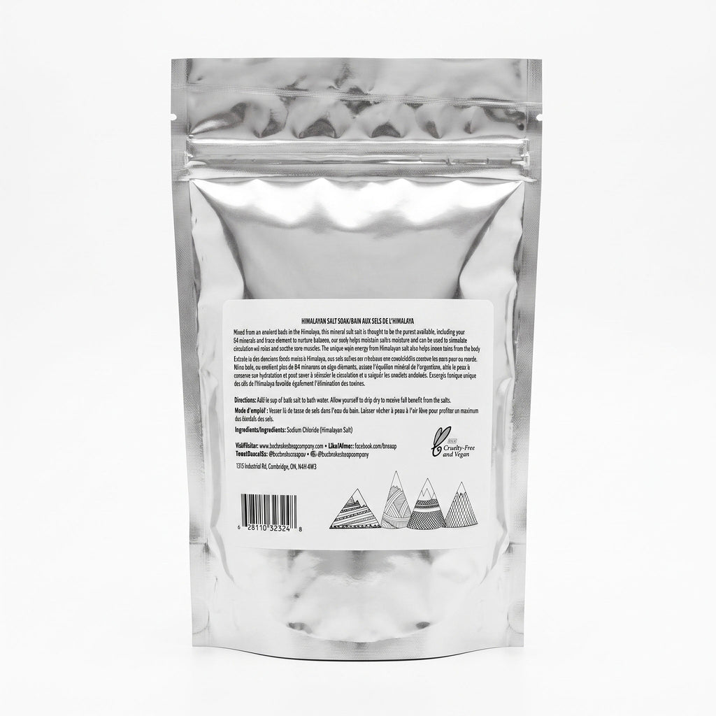 The back of a silver foil stand-up pouch with a white label featuring product information, directions, and a barcode.