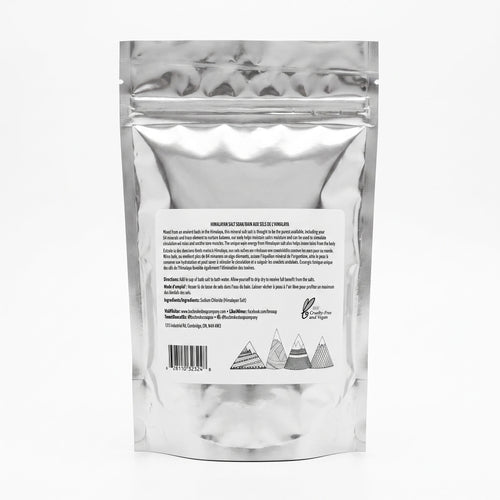 The back of a silver foil stand-up pouch with a white label featuring product information, directions, and a barcode.