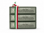 Side view of three stacked Saponificio Zeni Green Tea triple-milled soap bars in dark green paper wrap with ingredient panel and Italian tricolour ribbon