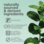 nfographic showing David's natural toothpaste benefits including fluoride-free, nano hydroxyapatite for sensitivity and enamel repair, SLS-free and no artificial ingredients