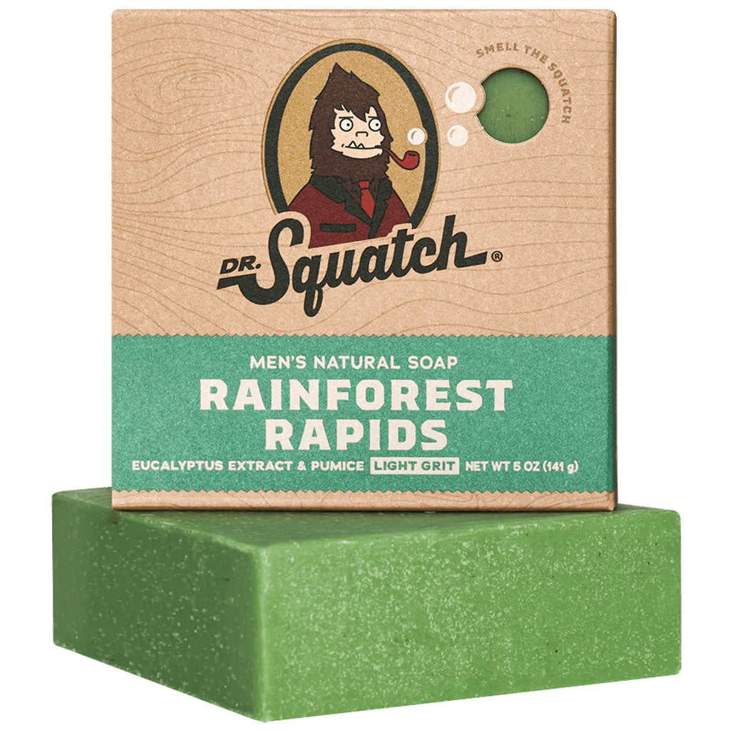 Dr. Squatch Natural Bar Soap & Cedarwood Soap Saver Starter Kit – Wood Barrel Bourbon + Rainforest Rapids (4-Piece Set)