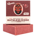 Dr. Squatch Ruthless Rinse limited edition men's bar soap in red paperboard packaging with crimson black-sand bar displayed at base