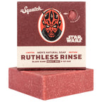 Dr. Squatch Ruthless Rinse limited edition men's bar soap in red paperboard packaging with crimson black-sand bar displayed at base