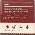 Back of Dr. Squatch Ruthless Rinse soap box showing ingredient list, dragon fruit and black sand scent description, and natural-oils, no-harsh-chemicals, cold-process, and sustainably-sourced icons