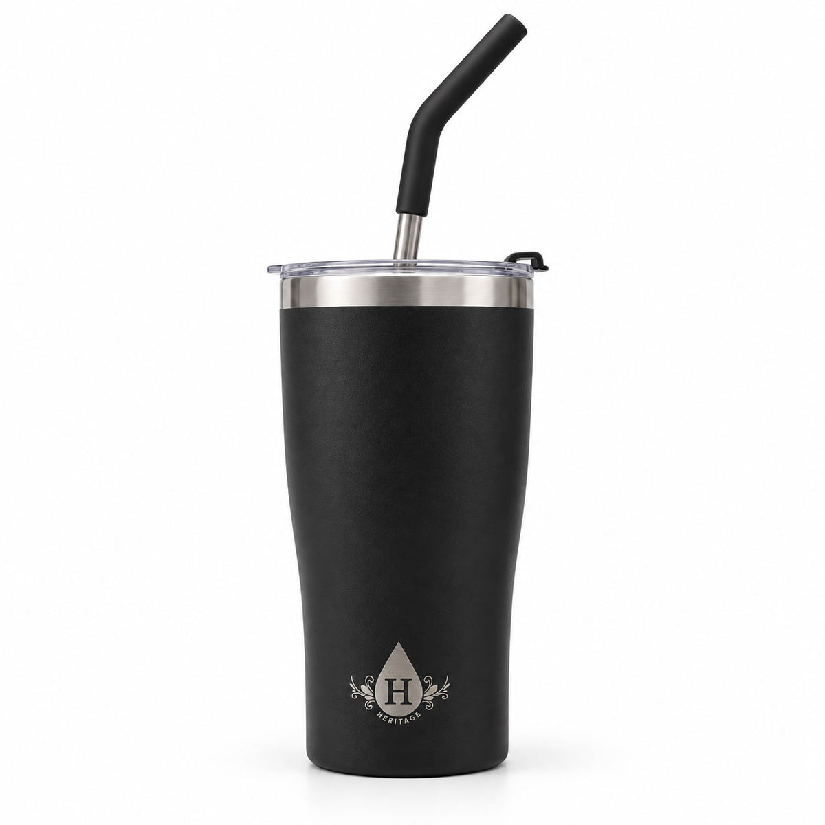 Heritage 20 oz insulated tumbler in matte black with lid and stainless steel straw