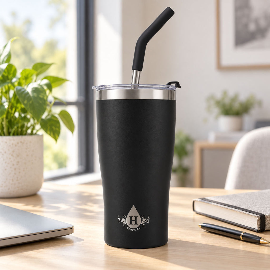 Matte black Heritage tumbler with straw on a sunny home office desk