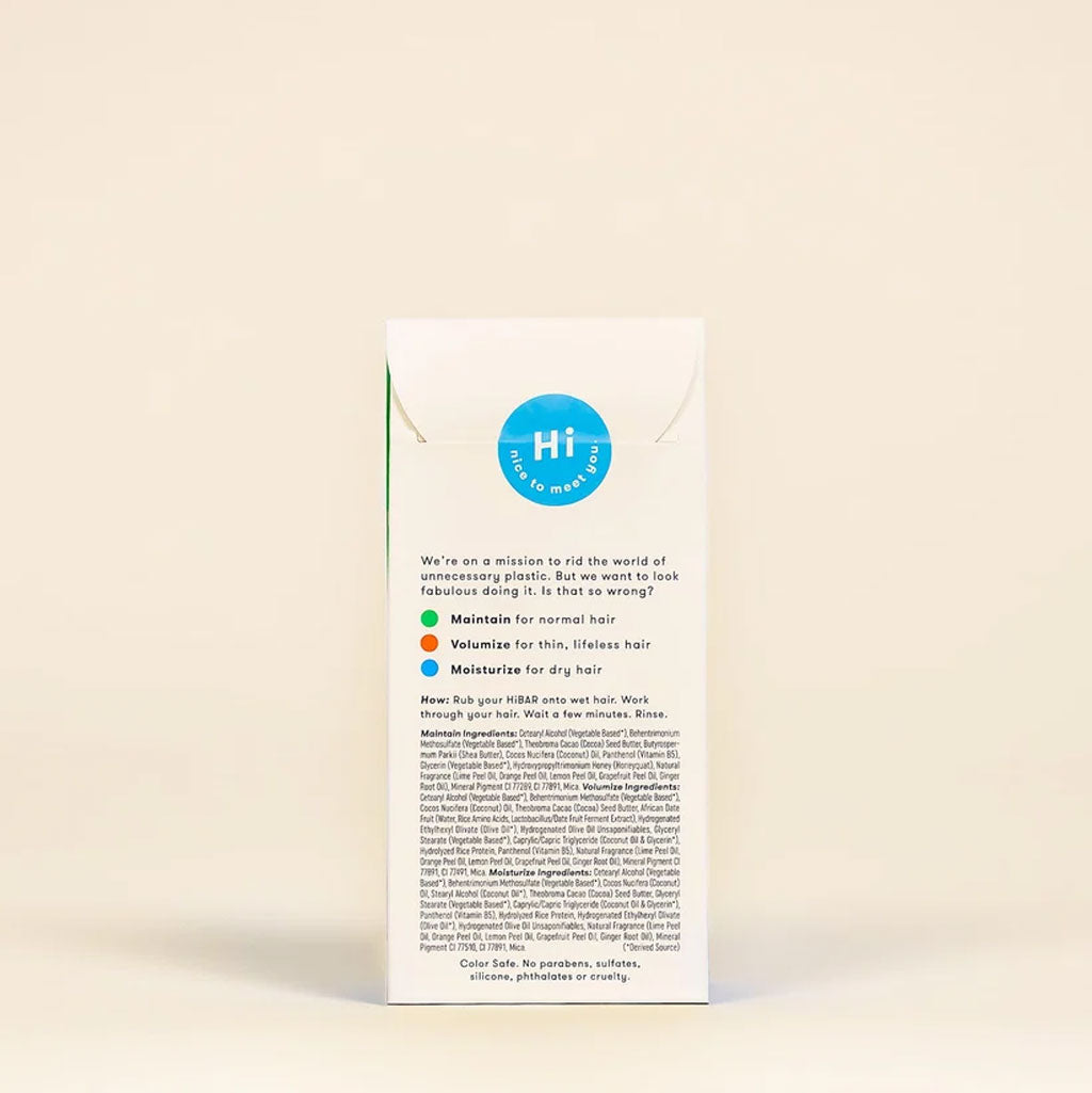 Back of the white HiBAR sampler packaging showing product details, usage directions, and ingredients.