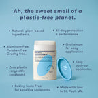 Natural deodorant container with text highlighting its features on a blue background