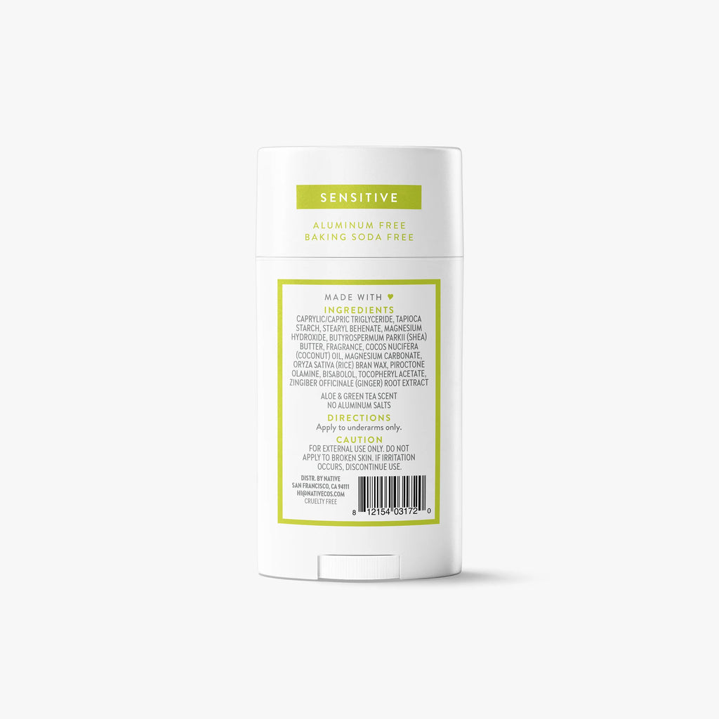 Back label of Native Sensitive deodorant showing full ingredients list, directions, and aluminum-free designation