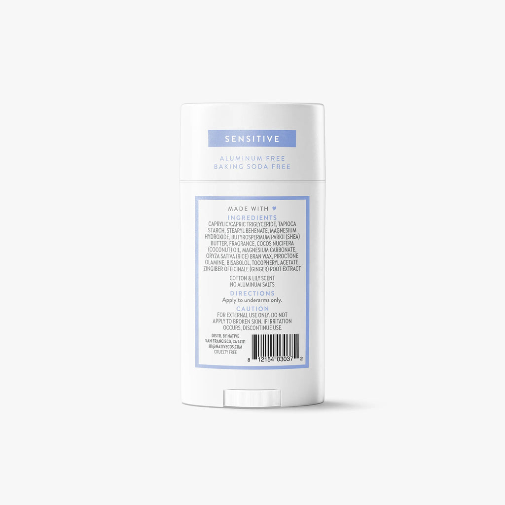 Back label of Native Sensitive Cotton & Lily deodorant showing full ingredients list, directions, and aluminum-free designation