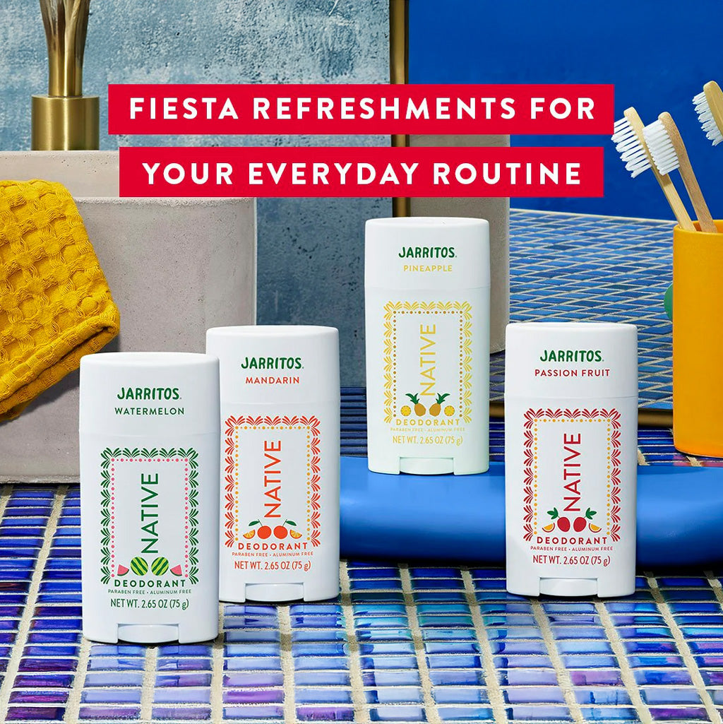 Four Jarritos-inspired Native deodorant varieties including Watermelon, Mandarin, Pineapple, and Passion Fruit displayed together on blue woven surface with text "Fiesta Refreshments for Your Everyday Routine"