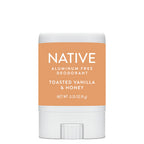 Native aluminum-free deodorant stick with toasted vanilla and honey scent on a white background