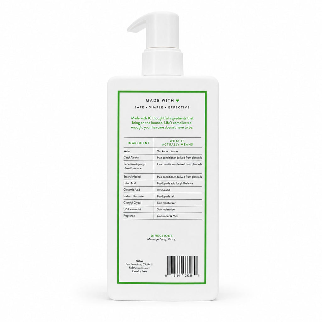 Back of white Native conditioner bottle with ingredient explanation table, directions, and barcode.