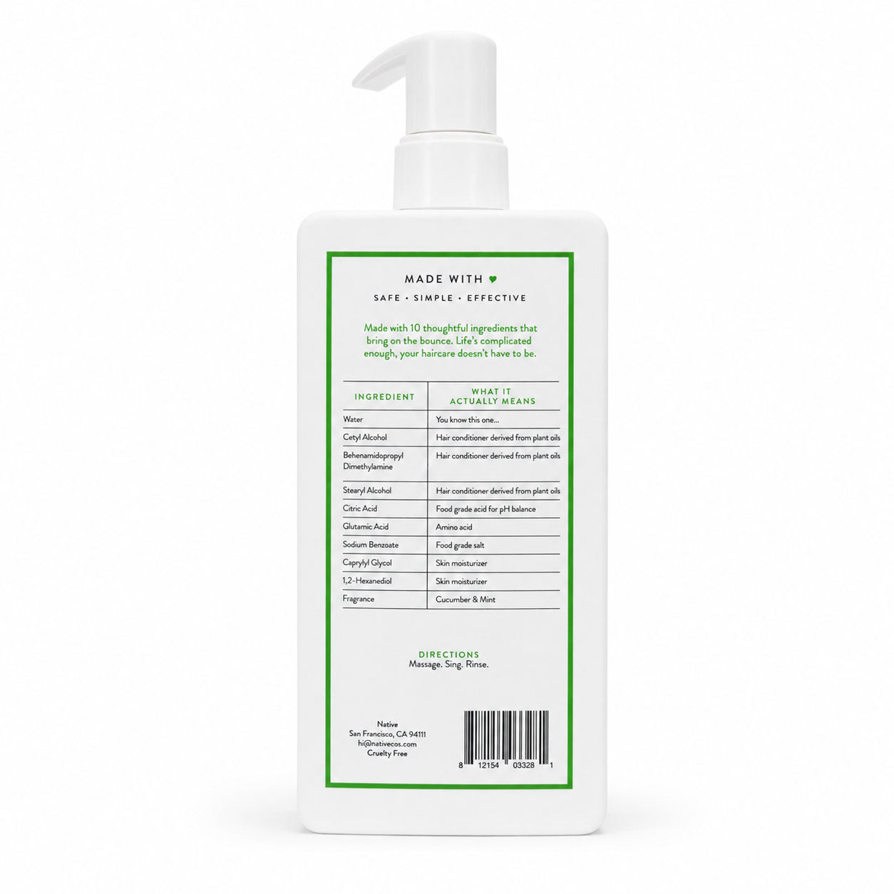Back of white Native conditioner bottle with ingredient explanation table, directions, and barcode.