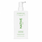 Front of white pump bottle of Native Cucumber & Mint Volumizing Conditioner on a white background.