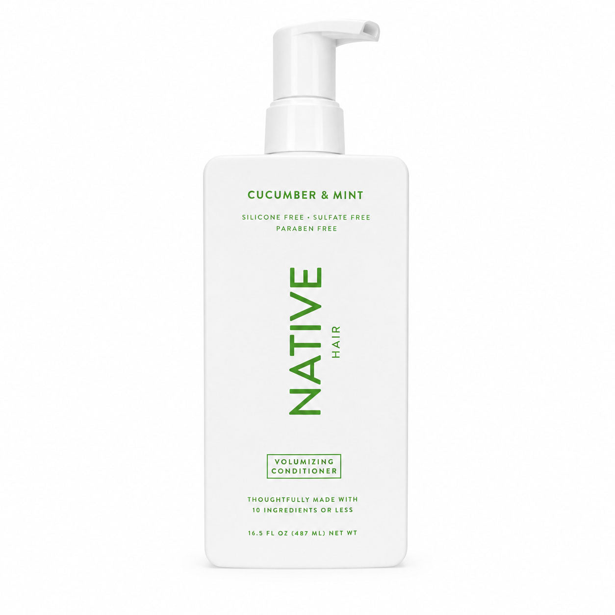 Front of white pump bottle of Native Cucumber & Mint Volumizing Conditioner on a white background.