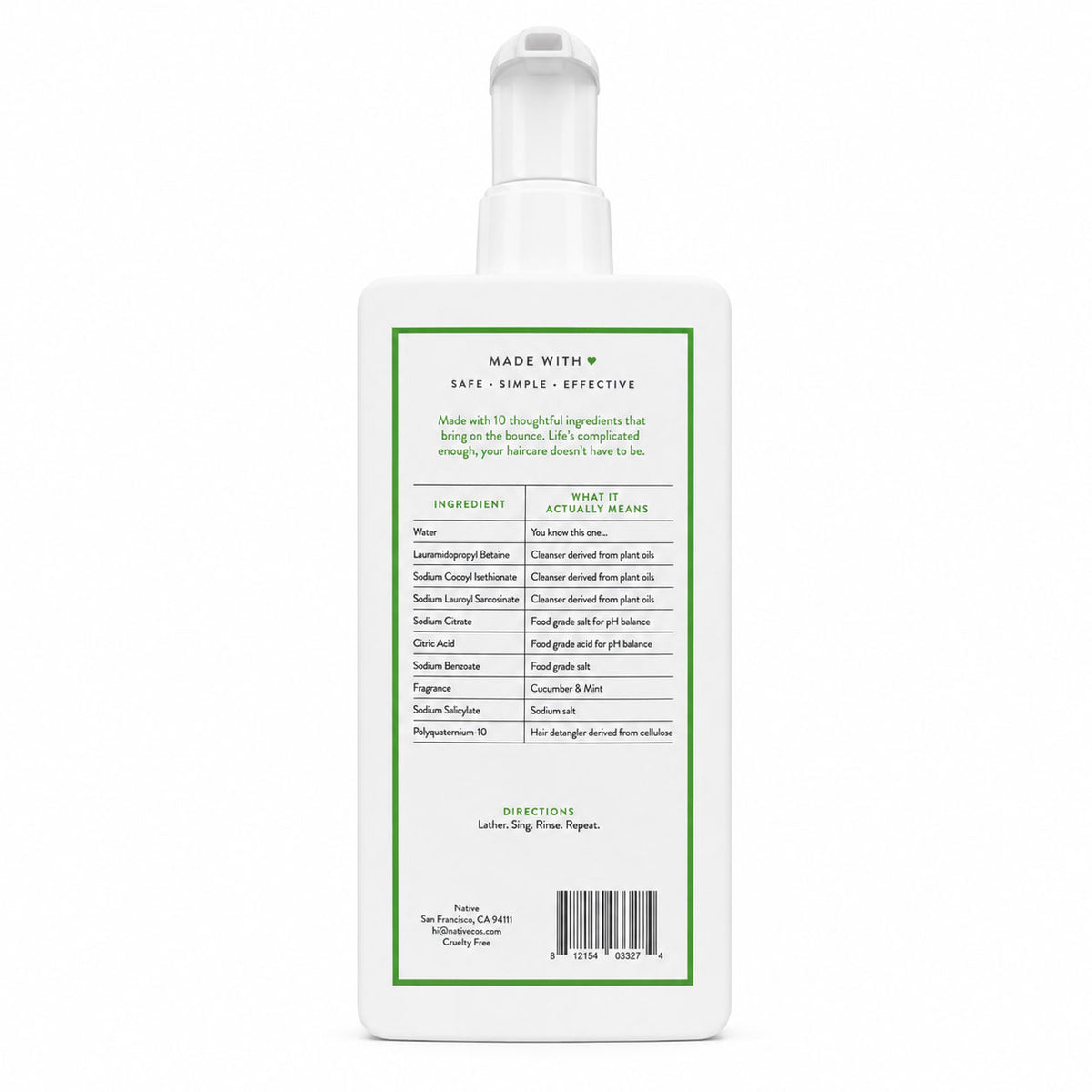 Back view of the white shampoo bottle showing an ingredient list table and directions against a white background.