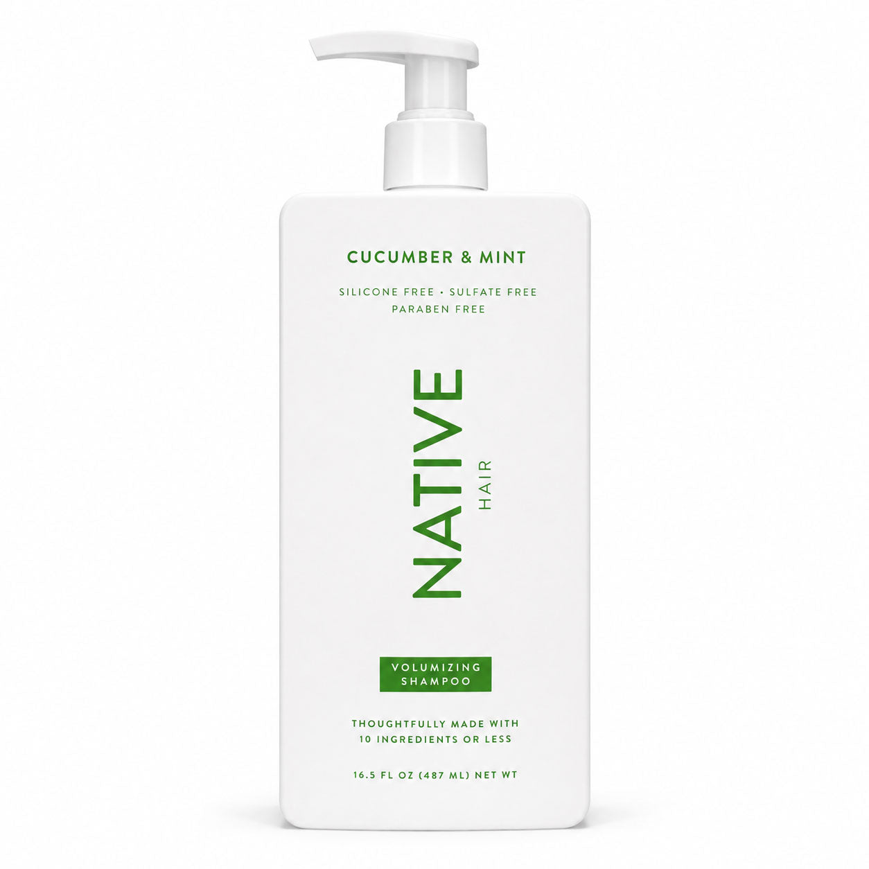 Front view of a white pump bottle of Native Cucumber & Mint volumizing shampoo against a white background.