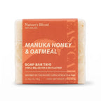 Nature's Blend Manuka Honey and Oatmeal soap bar trio in orange East Cape paper sleeve, three 142g triple-milled bars stacked