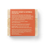 Nature's Blend Manuka Honey and Oatmeal soap bar trio back label showing ingredients, directions, and woody honey citrus scent description