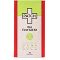 PATCH Eco First-Aid Kit green and cream packaging showing 77 items inside including bandages, scissors, tweezers, and cleaning buds with red metal tin