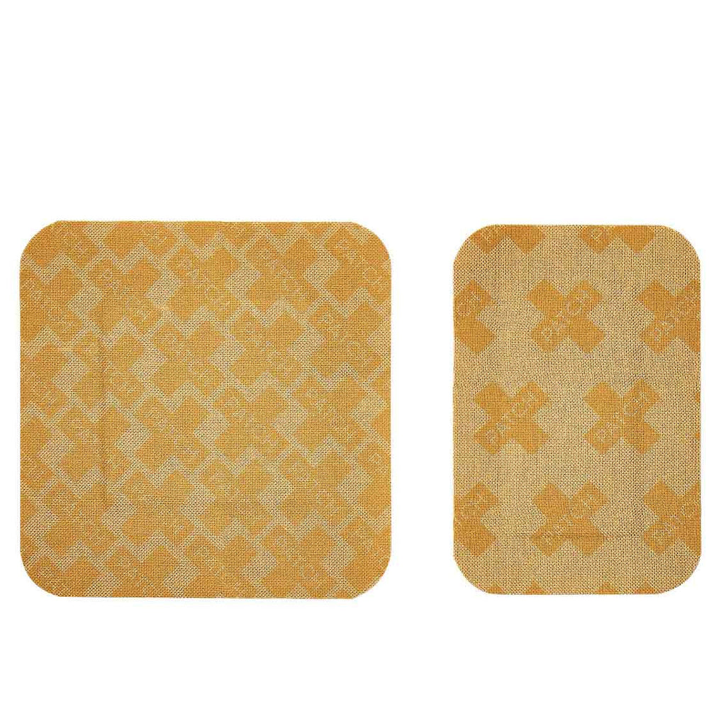 Close-up of two natural bamboo fiber PATCH bandages showing breathable woven texture in tan colour