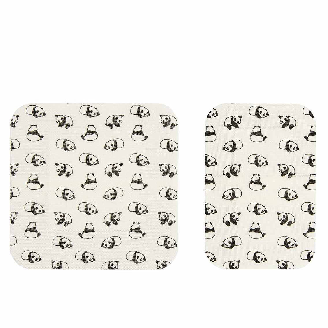 Two white PATCH bamboo bandages with repeating black panda pattern design for sensitive skin