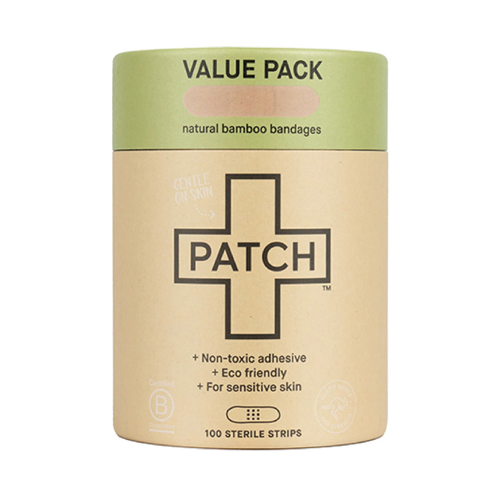 Patch bandage container with green lid and beige body on a white background
