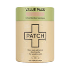 Patch bandage container with green lid and beige body on a white background