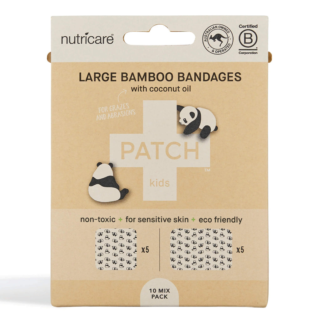 PATCH Large Bamboo Bandages for Kids – Panda Print with Coconut Oil (10 Pack)