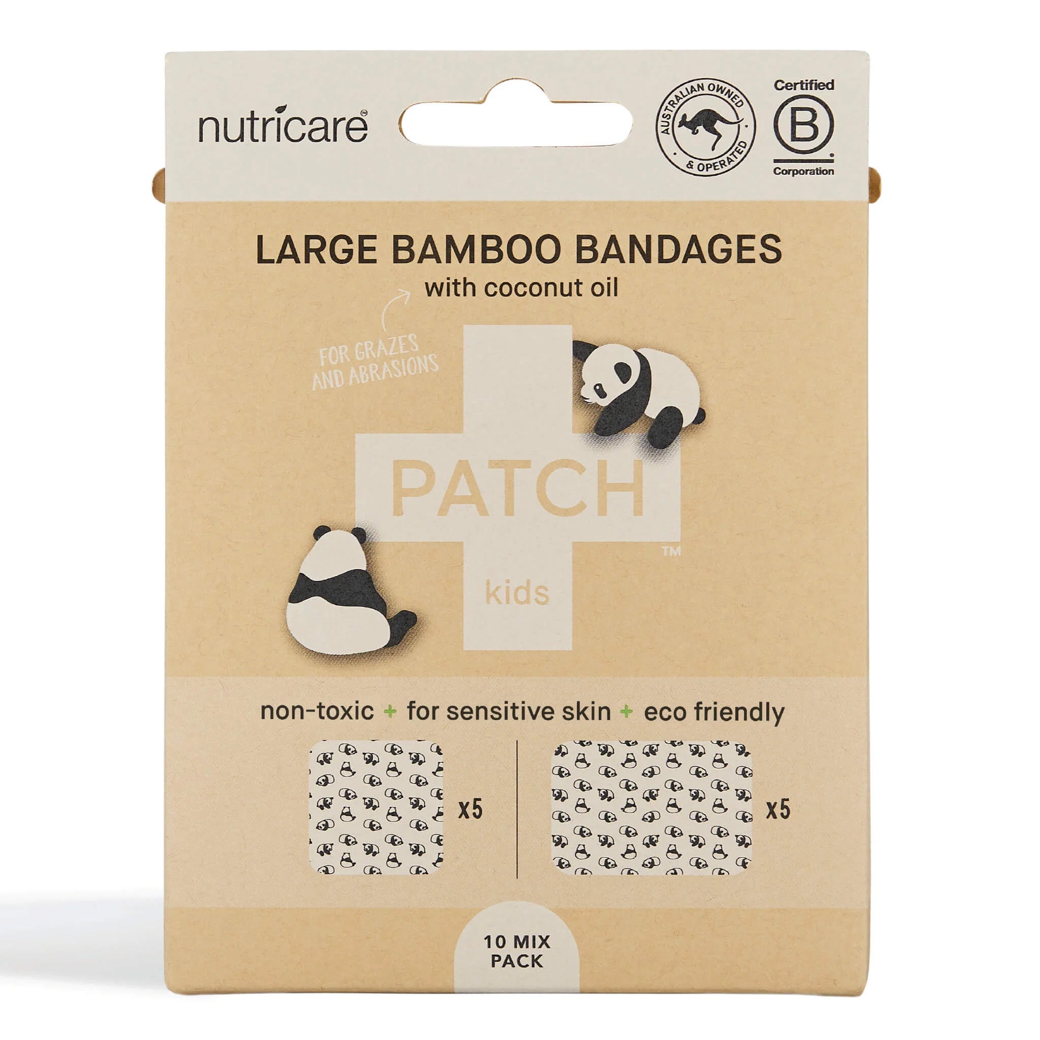 PATCH Large Bamboo Bandages for Kids – Panda Print with Coconut Oil (10 Pack)