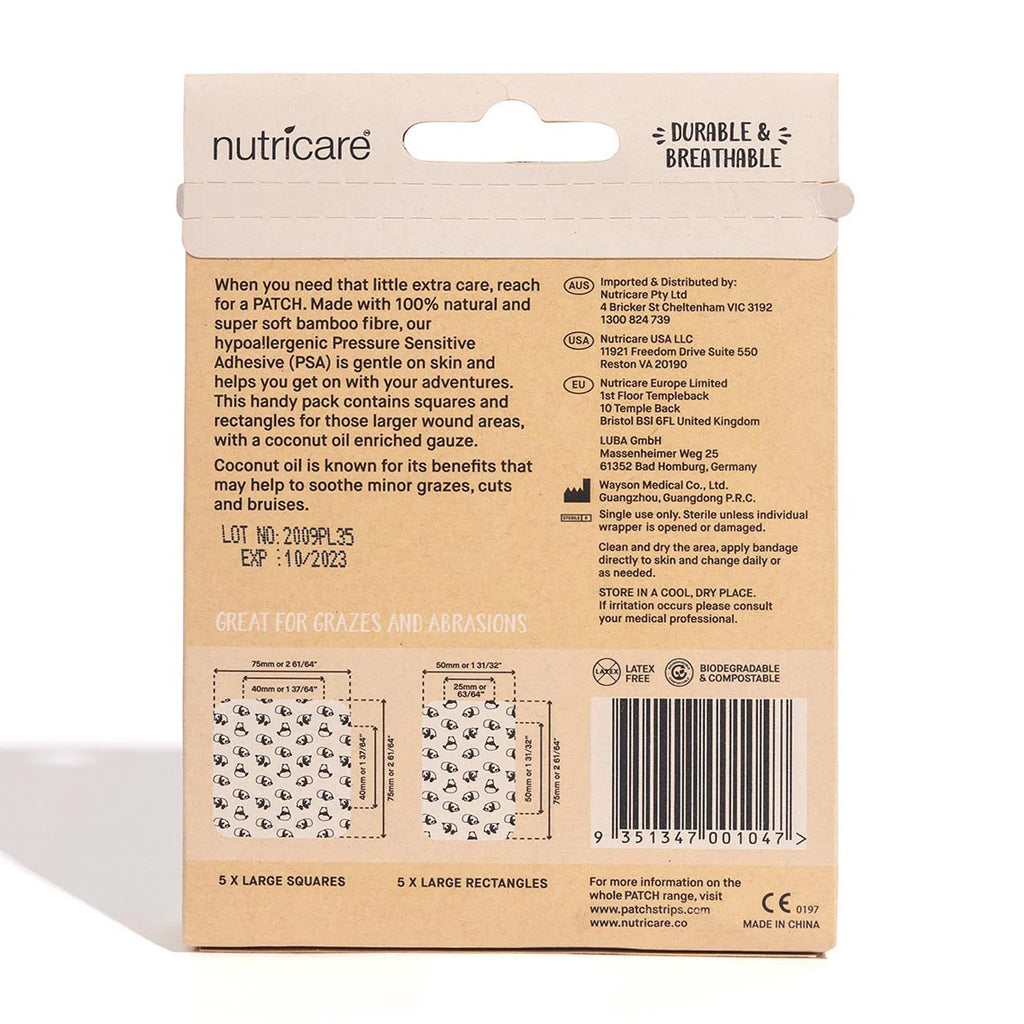 PATCH Large Bamboo Bandages for Kids – Panda Print with Coconut Oil (10 Pack)