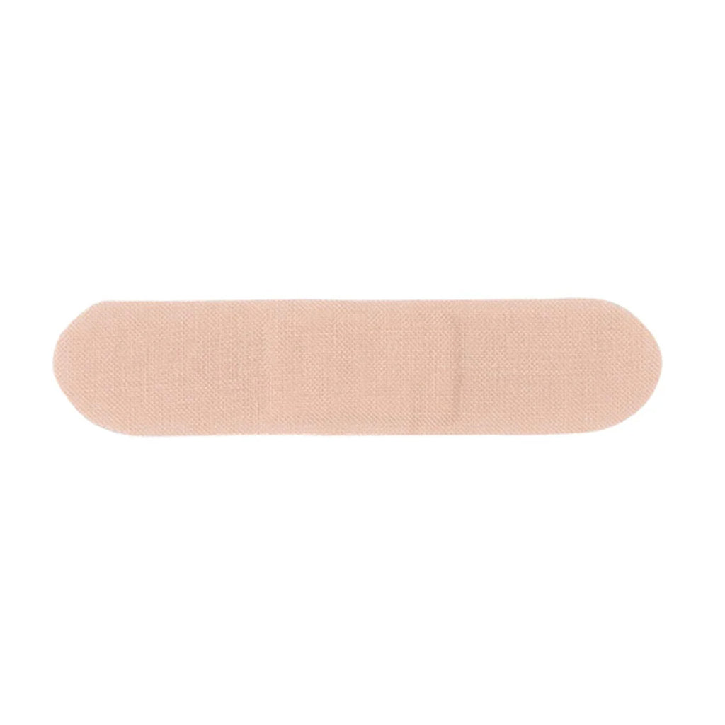 Close-up of single natural bamboo PATCH bandage strip showing woven textile texture in beige colour at 72mm x 19mm size