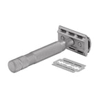 Silver safety razor with a blade on a white background