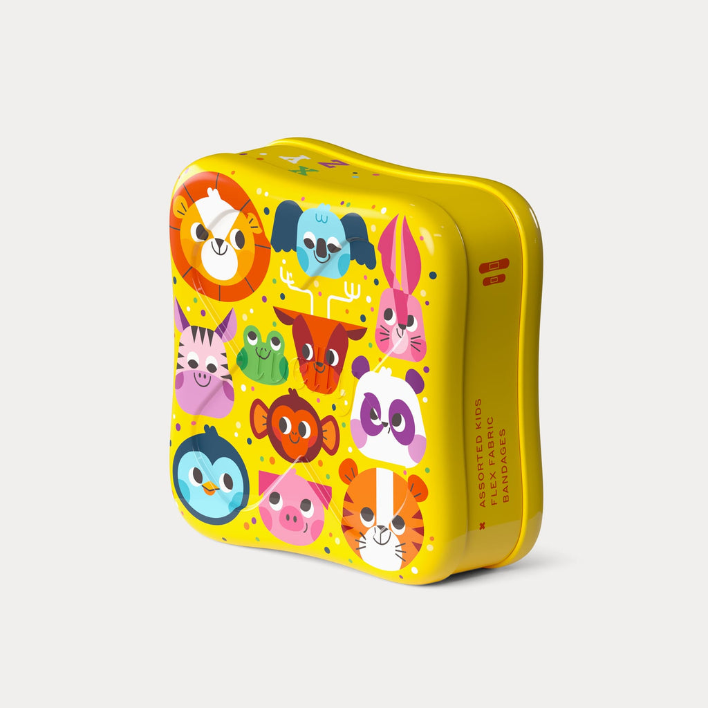 Angled side view of the closed yellow metal tin featuring colourful cartoon animal face illustrations on the lid.