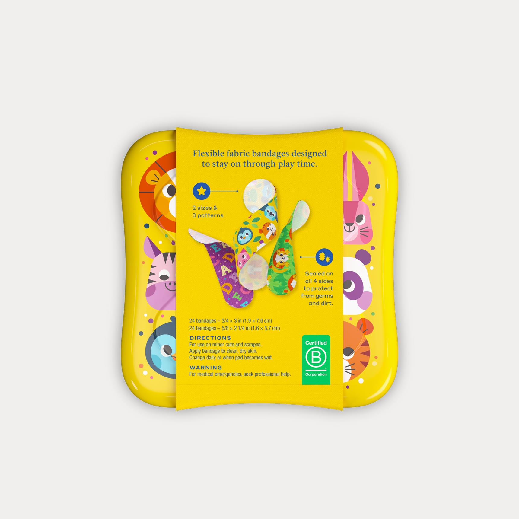 Back of the yellow tin with packaging sleeve detailing bandage sizes, directions, and pattern examples.