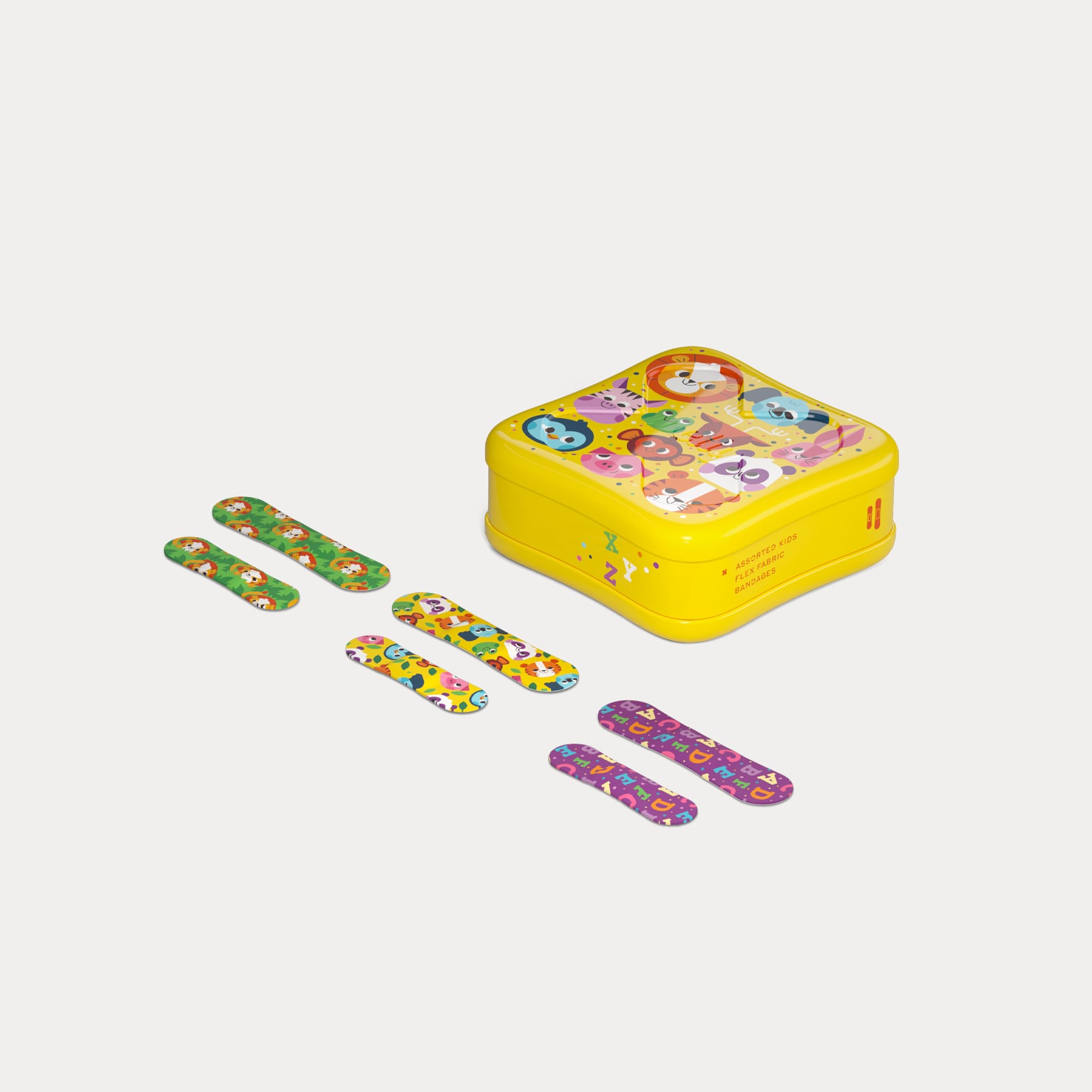 Yellow tin sitting next to six patterned fabric bandages in two sizes showing three distinct animal designs.