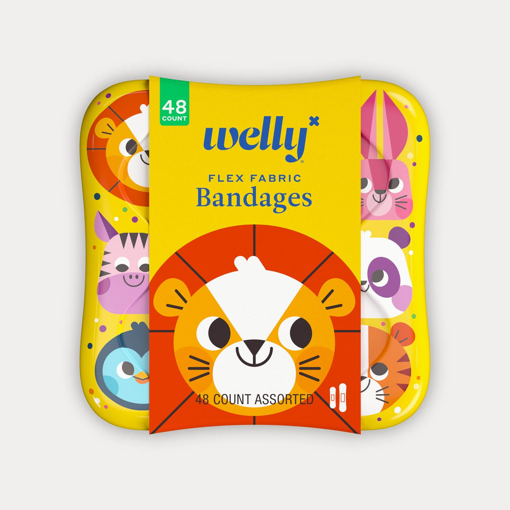 Welly brand Flex Fabric Bandages in a 48-count assorted animal design pack, featuring a bright yellow background with cartoon lion, tiger, panda, rabbit, and penguin illustrations.