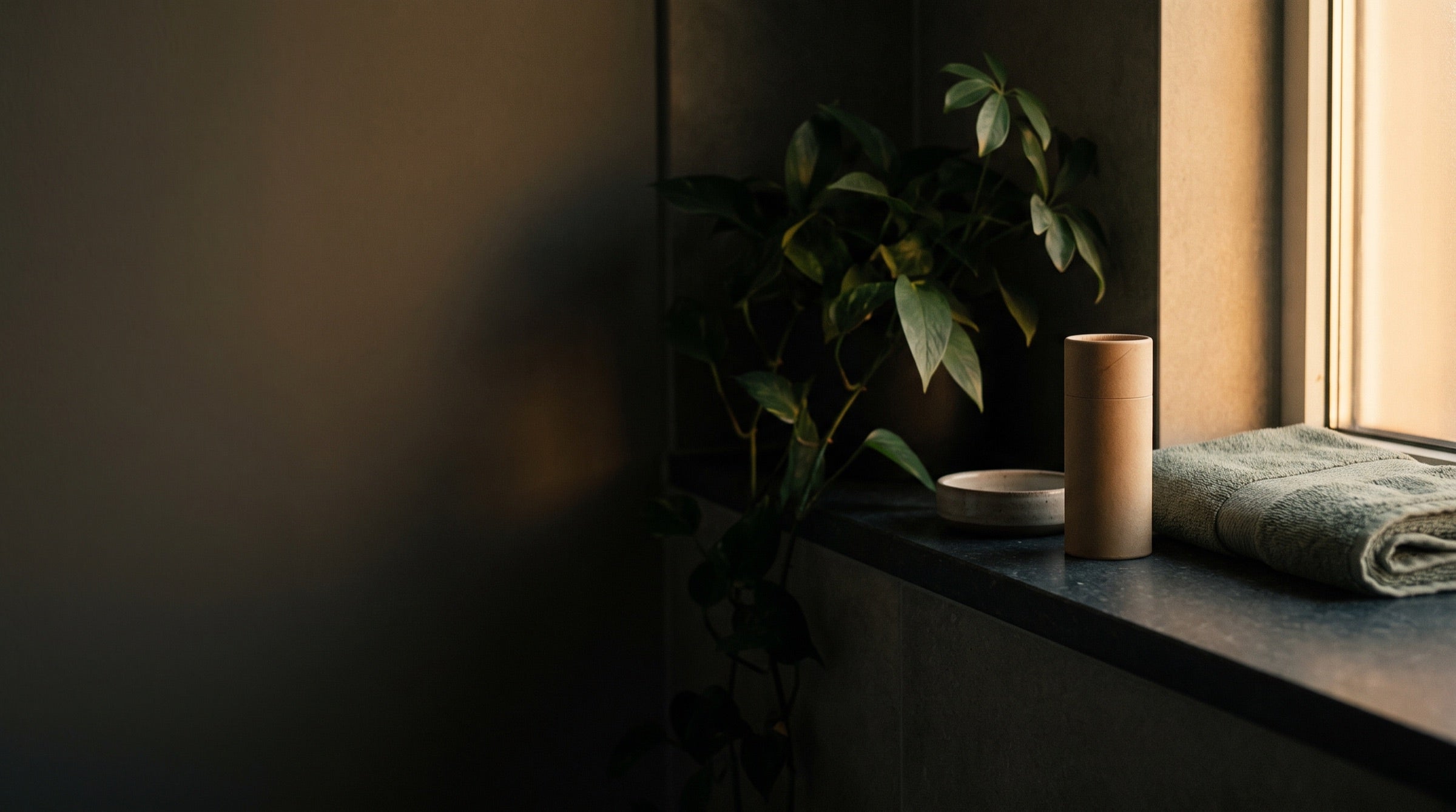 A plain cardboard deodorant tube and a folded sage towel on a dark stone bathroom ledge in warm low light