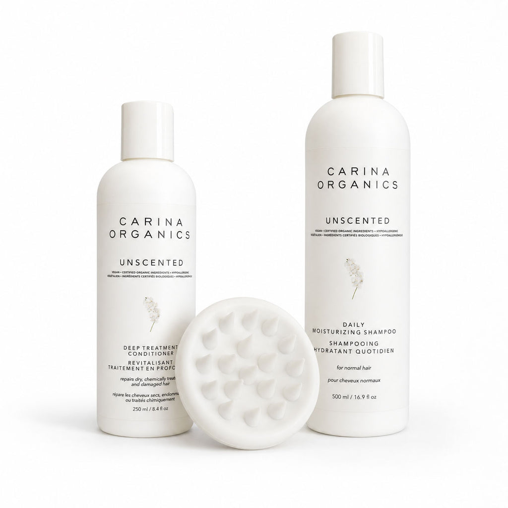 Carina Organics Unscented Hair Set — Shampoo + Conditioner + Scalp Massager