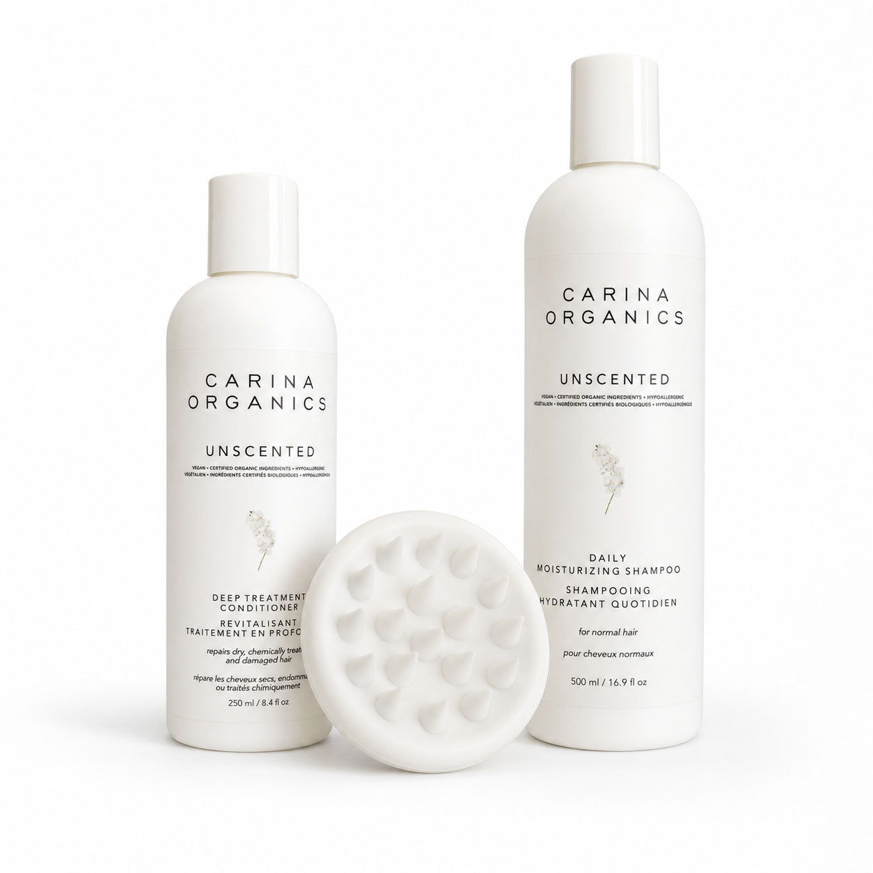 Carina Organics Unscented Hair Set — Shampoo + Conditioner + Scalp Massager