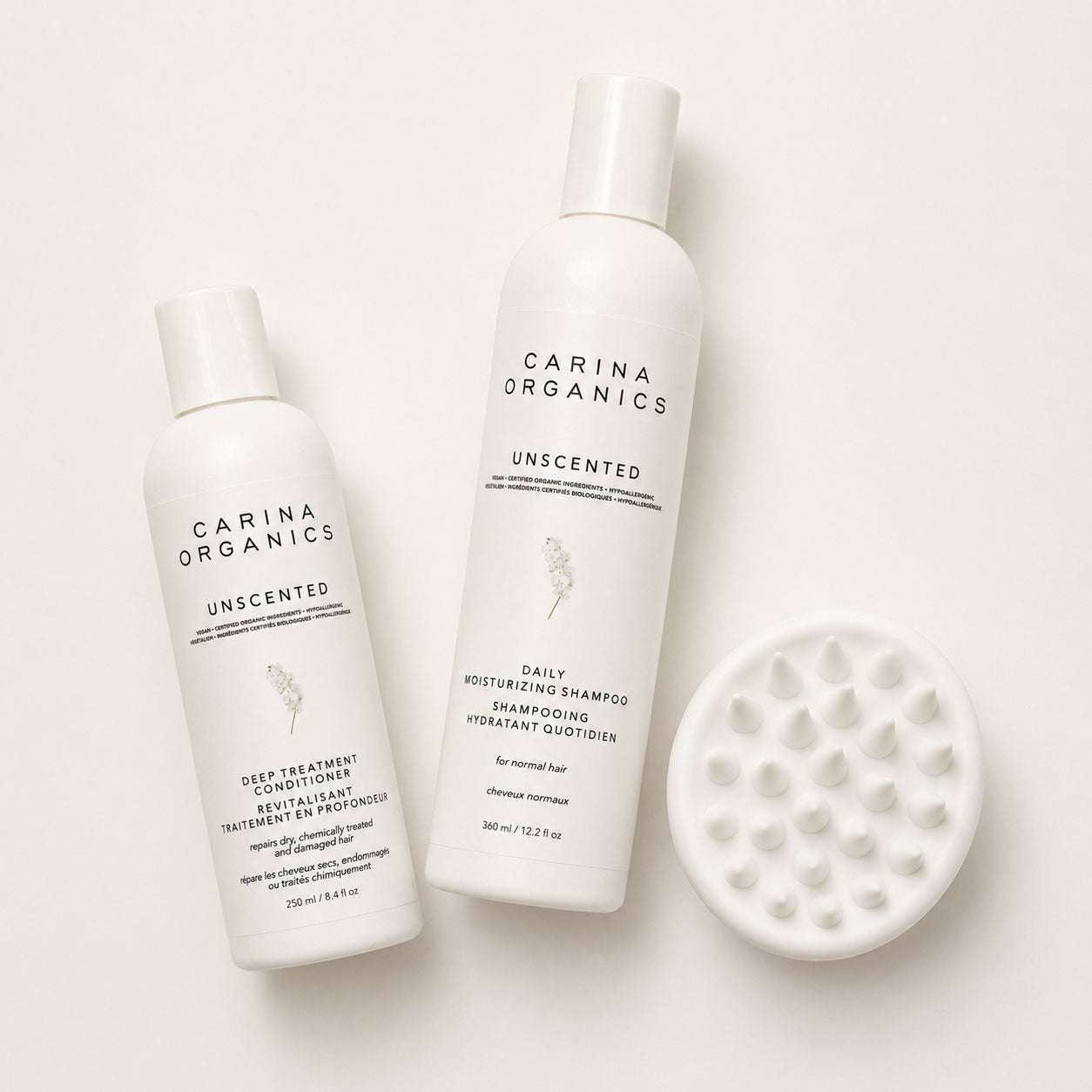 Carina Organics Unscented Hair Set — Shampoo + Conditioner + Scalp Massager